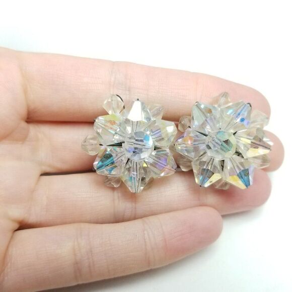 Vintage Sparkly Clear AB Beaded Cluster Clip On Earrings, Retro 60s Style - Picture 5 of 6
